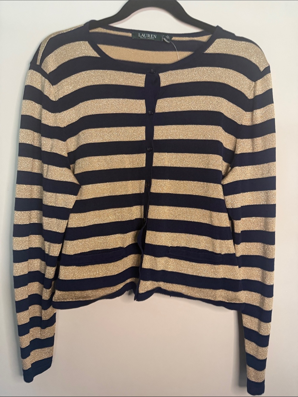 Lauren Ralph Lauren Navy and Gold Striped Button-Front Cardigan